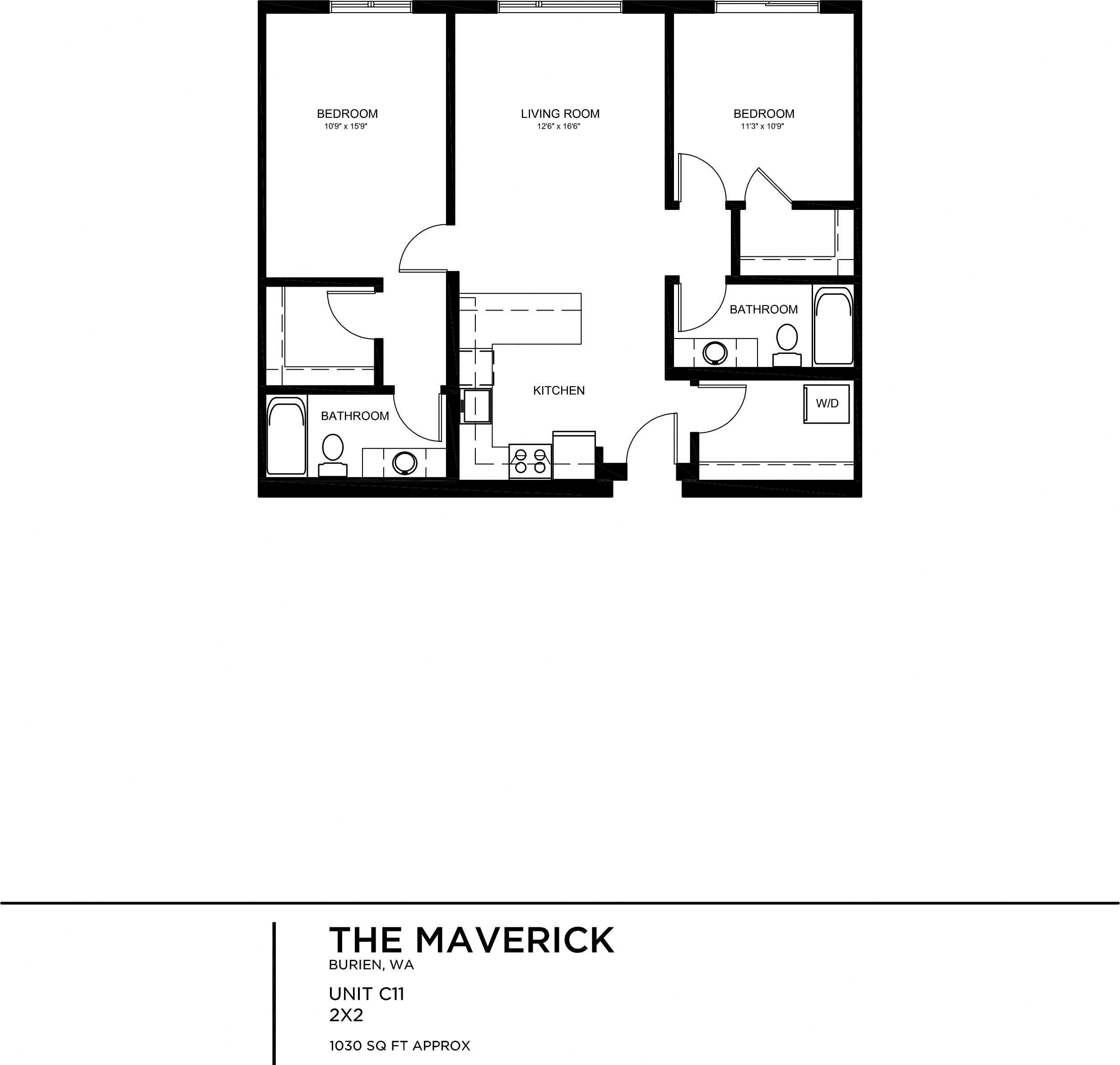 Floor plan for 2 beds, 2 baths, 1030 sqft